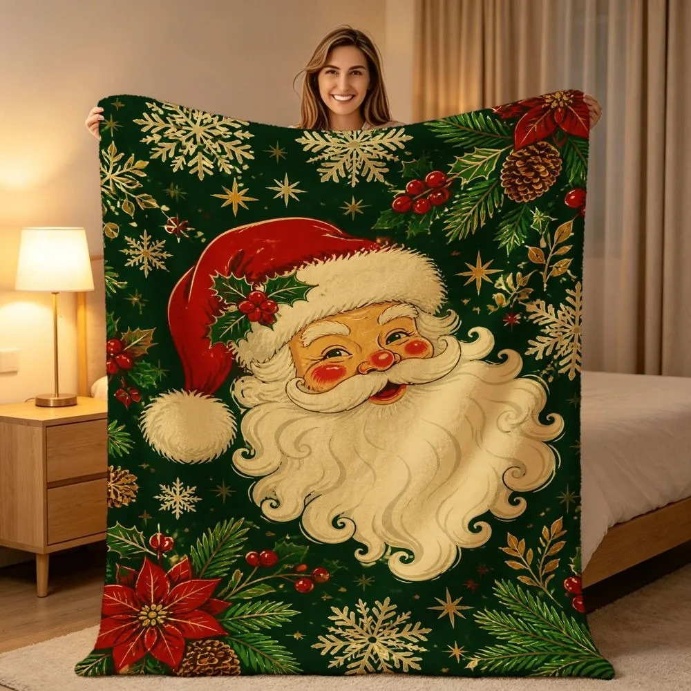 Jolly Green Santa Claus Face Throw Blanket Plush Couch Cover For Classic Christmas Holiday Home Decor Gift
