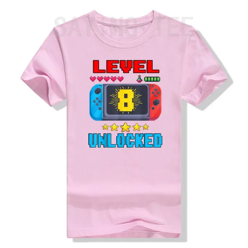 8th Birthday Boy Level 8 Unlocked Video Gamer Birthday T-Shirt Sons Birthday Gifts Game Lover Graphic Tee Tops Cute B-day Outfit