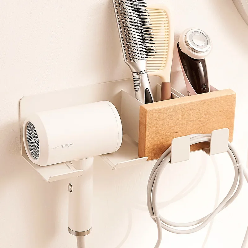 Wooden hair dryer shelfhome wall-mounted bathroom fan holder electric hair dryer with Plug Hook hanging shelf No punch