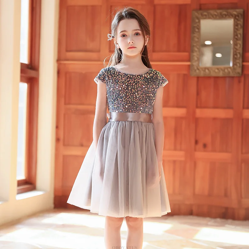 Princess Girl Shining Sequin Dress For Formal Occasion Child Luxury Birthday Gift Clothes Kids Evening Party Performance Costume