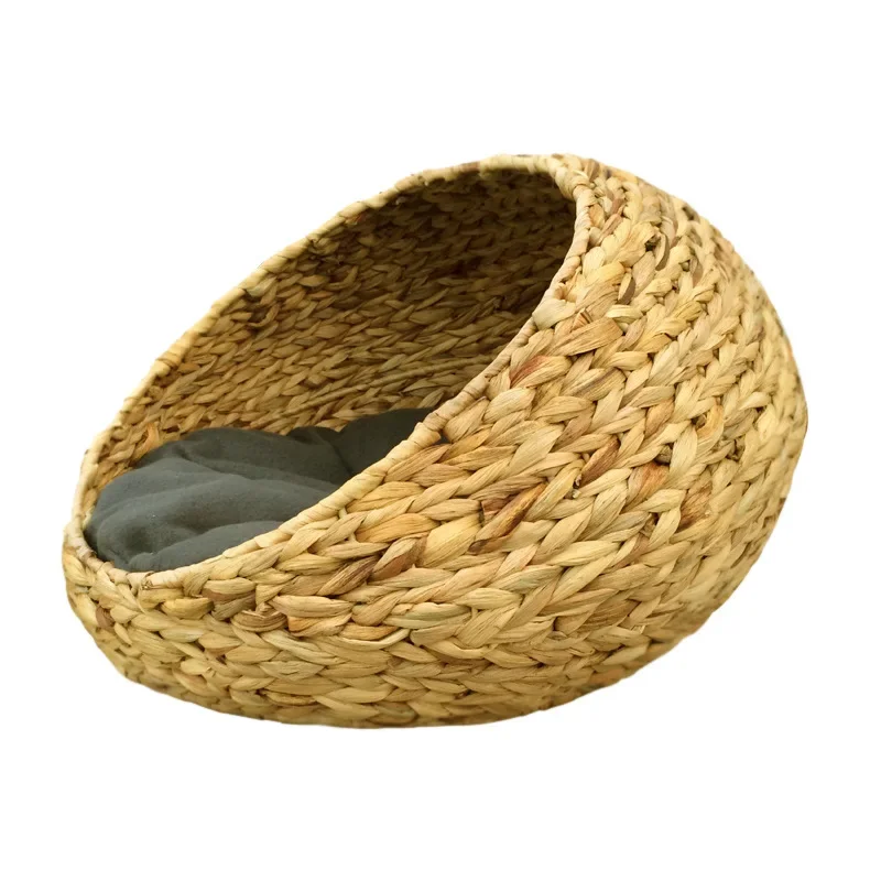 Handmade Water hyacinth Pet Basket Closed General Knitting Cat Bed Woven Rattan Removable And Washed Pet Nest With Soft Cushion