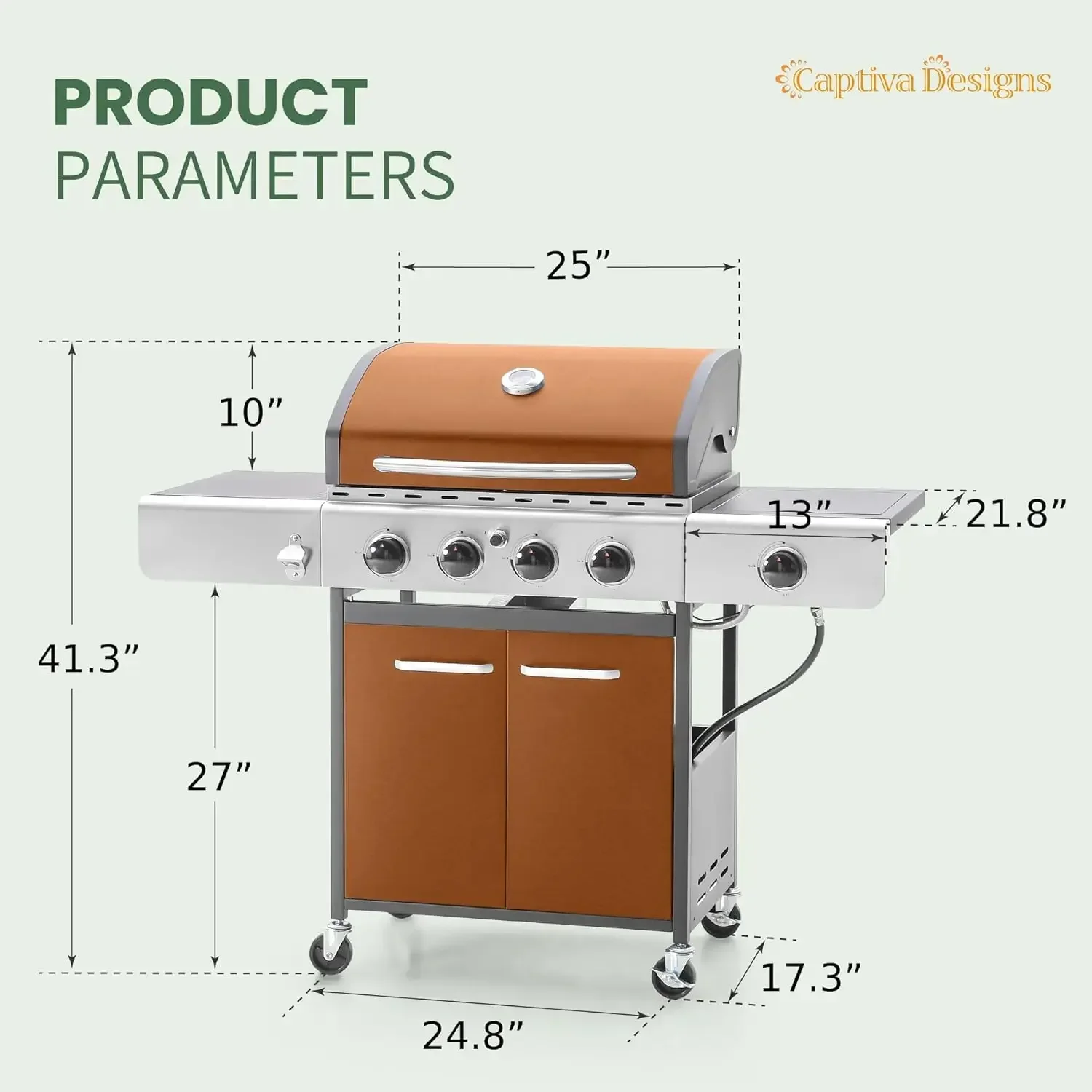 Captiva Designs 4-Burner Propane Gas BBQ Grill with Side Burner & Porcelain-Enameled Cast Iron Grates, 42,000 BTU Output.