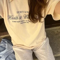 Health&Wellness Club Letters Printing American Vintage Short Sleeve T Shirts Female Loose Cotton Tops 90's Fashion Beige Tees