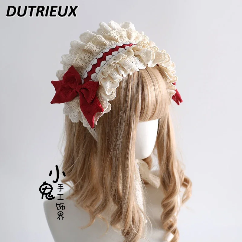 Japanese Style Original Lolita Headband Sweet Lace Contrasting Hair Accessories Bow Cute Girls Versatile Lace-up Headgear