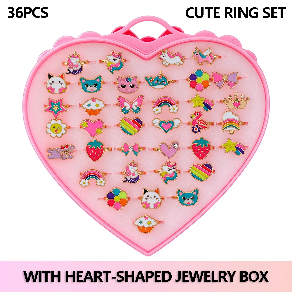 36-Piece Children's Cartoon Adjustable Ring Set for Girls, Colorful Cute Heart-Shaped Jewelry Gift Box, Birthday Party Gift