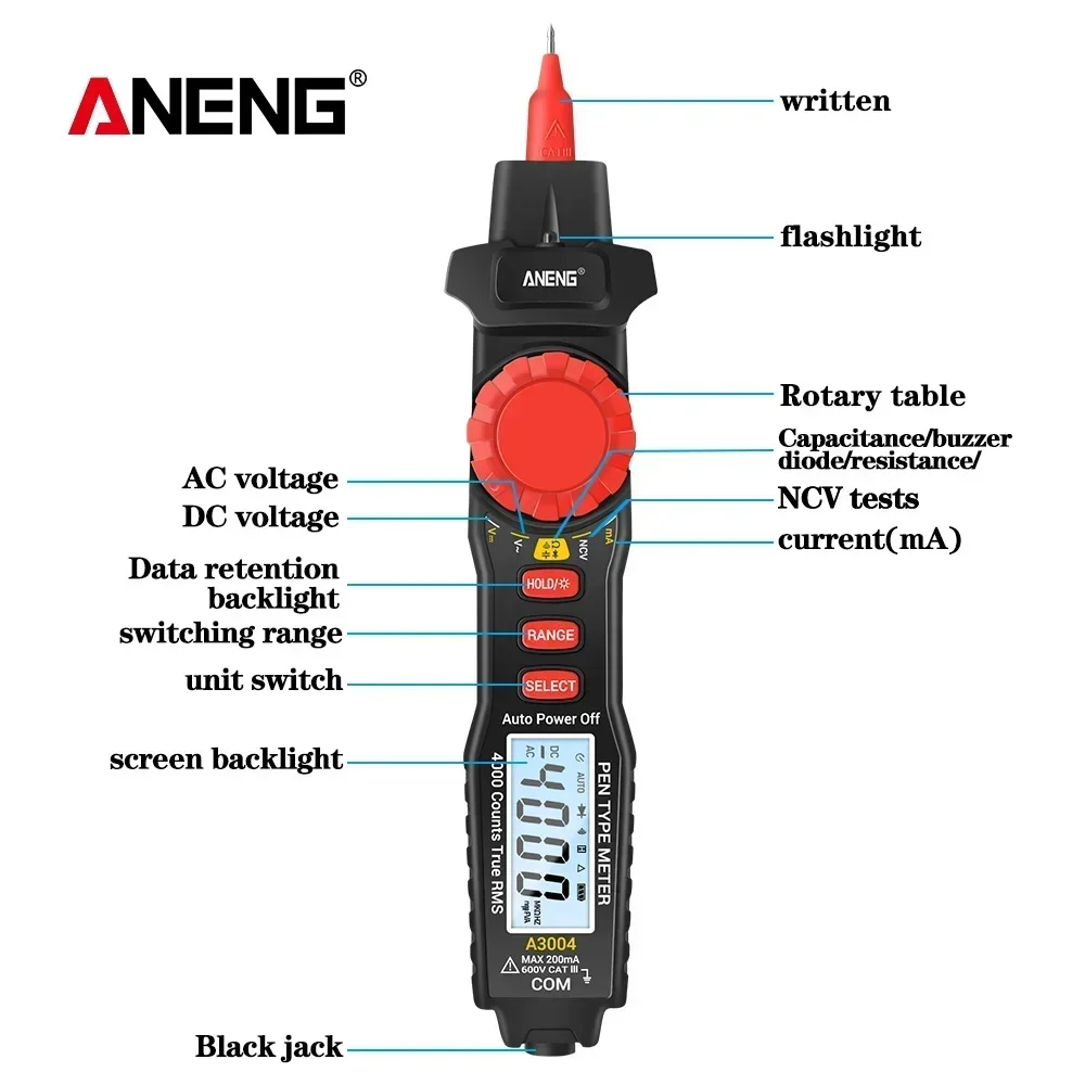 ANENG A3004 Pen Type Digital Multimeter 4000 Counts True RMS NCV Non-Contact Voltage Tester AC DC Voltage Current Resistance