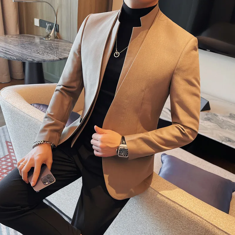 Brand Fashion Double Layer Collar Blazers Men Solid Color Casual Business Suit Jacket Banquet Party Wedding Groom Blazer