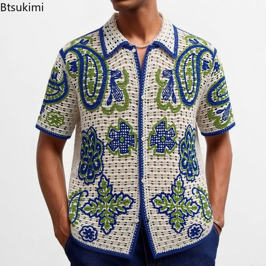 Summer Classic Men's Crochet Short Sleeve Shirt Retro Casual Loose Button Lapel Cardigan High Quality Hollow Knitted Polo Shirt