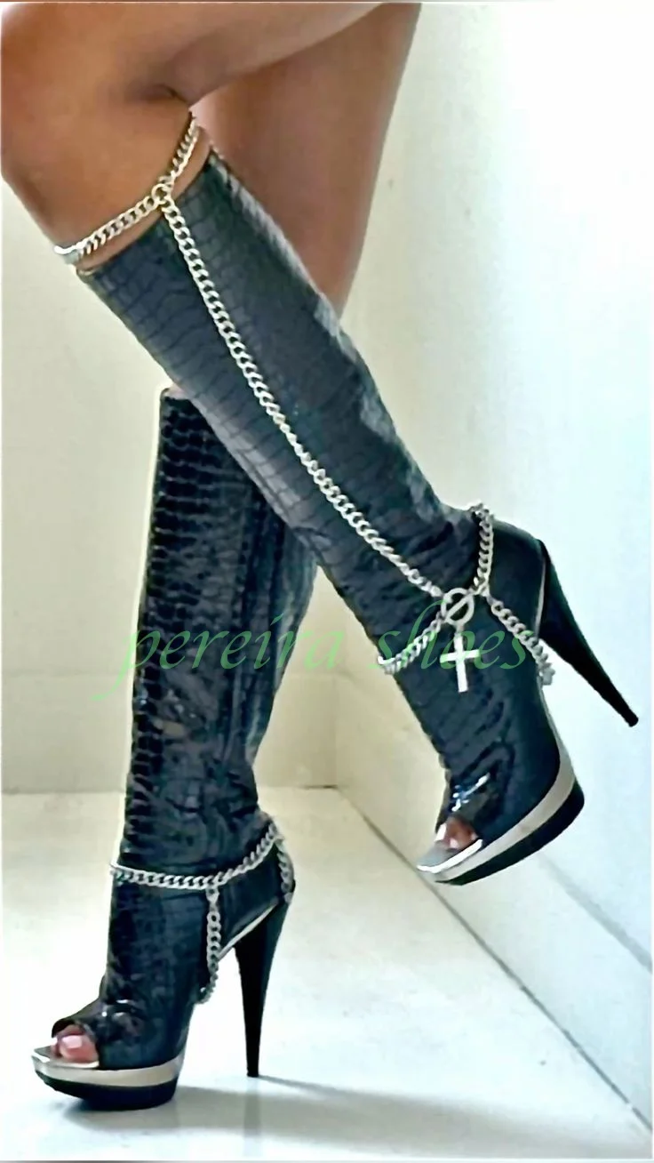 

Lady Black Patten Printed Stiletto Heel Knee Boots Open Toe Metal Chain Design Retro Style Open Toe Zipper Sexy Vintage Boots 46