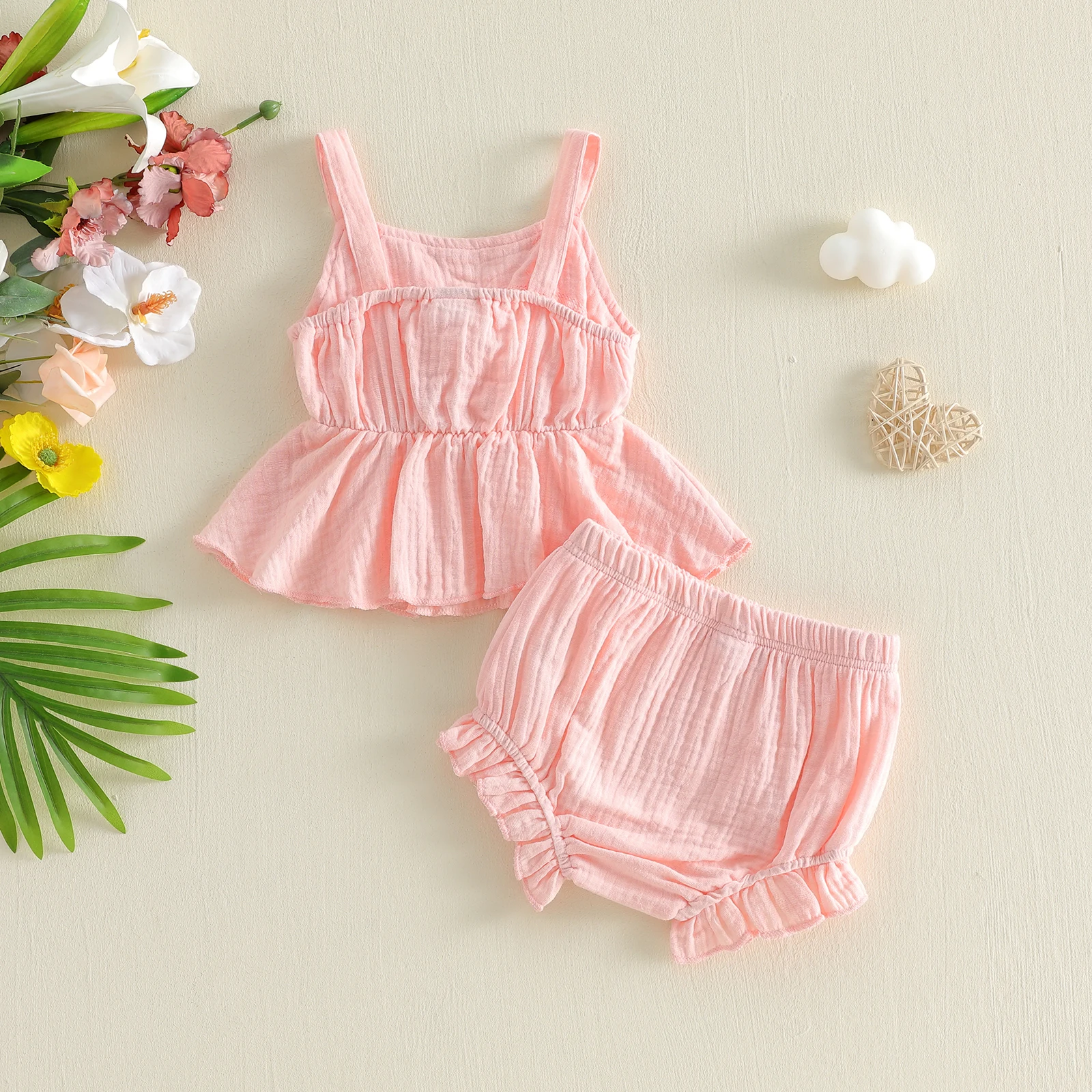 0-18M Infant Newborn Baby Girls Summer Outfits Pink Sleeveless Bow Decor Camisole Ruffled PP Shorts Sets
