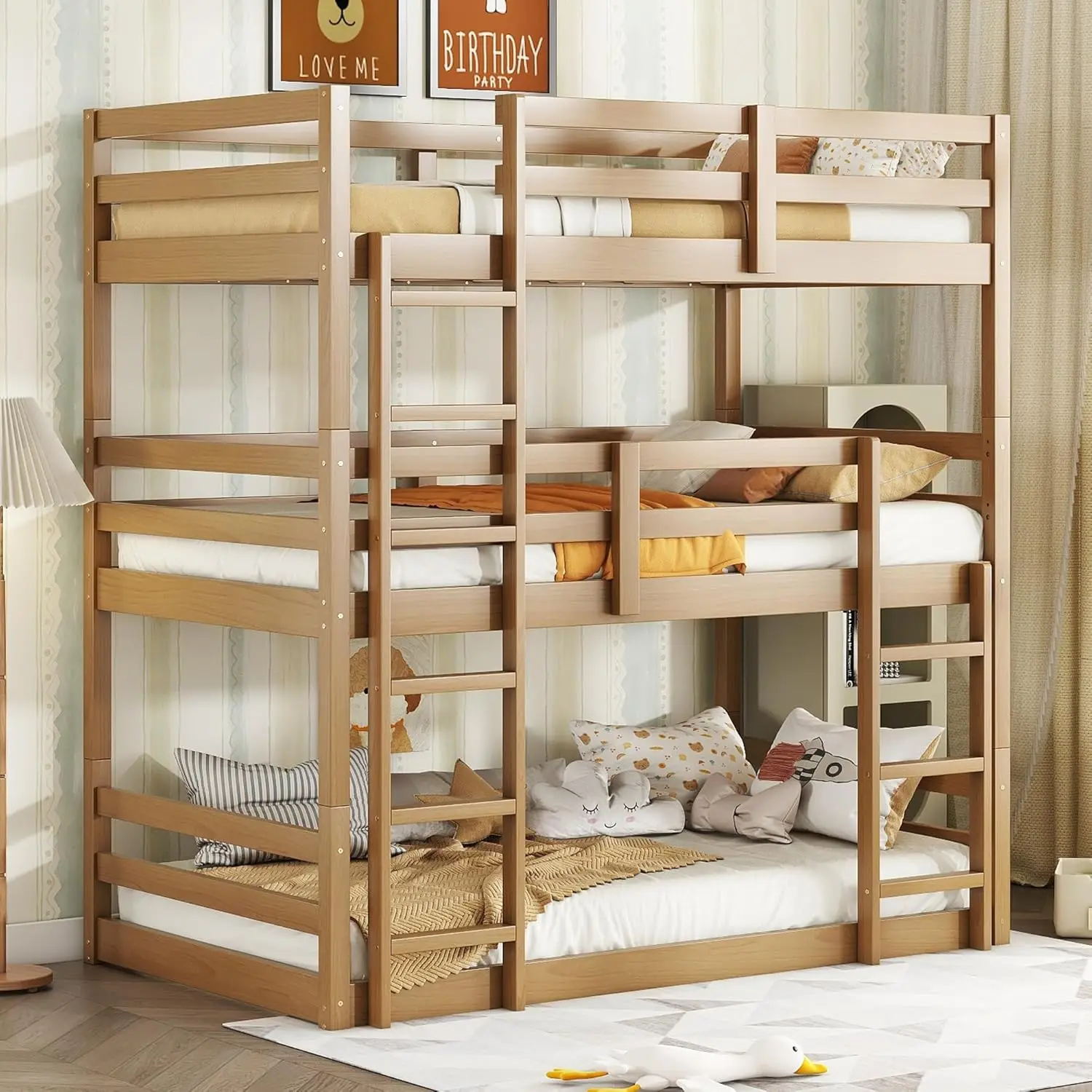 Twin Over Twin Over Twin Triple Bunk Bed For Kids,3 Bed Bunk Beds For 3,Solid Wood Twin Size Triple Bunk Bed With Two Built-In