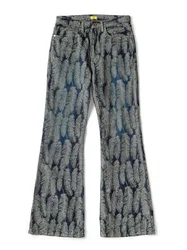 Japanese Style Hirata and Hiroshi Casual Denim Jacquard Feather Men's Women's Flared Loose Pants Versatile