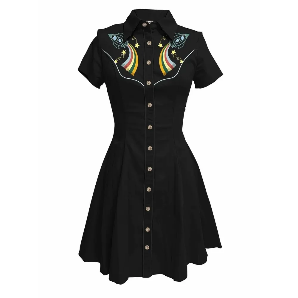 Space Rocket en regenboogprint dames westerse cowboyjurk korte mouw button-down 100% katoenen jurk Ufo zomer streetwear