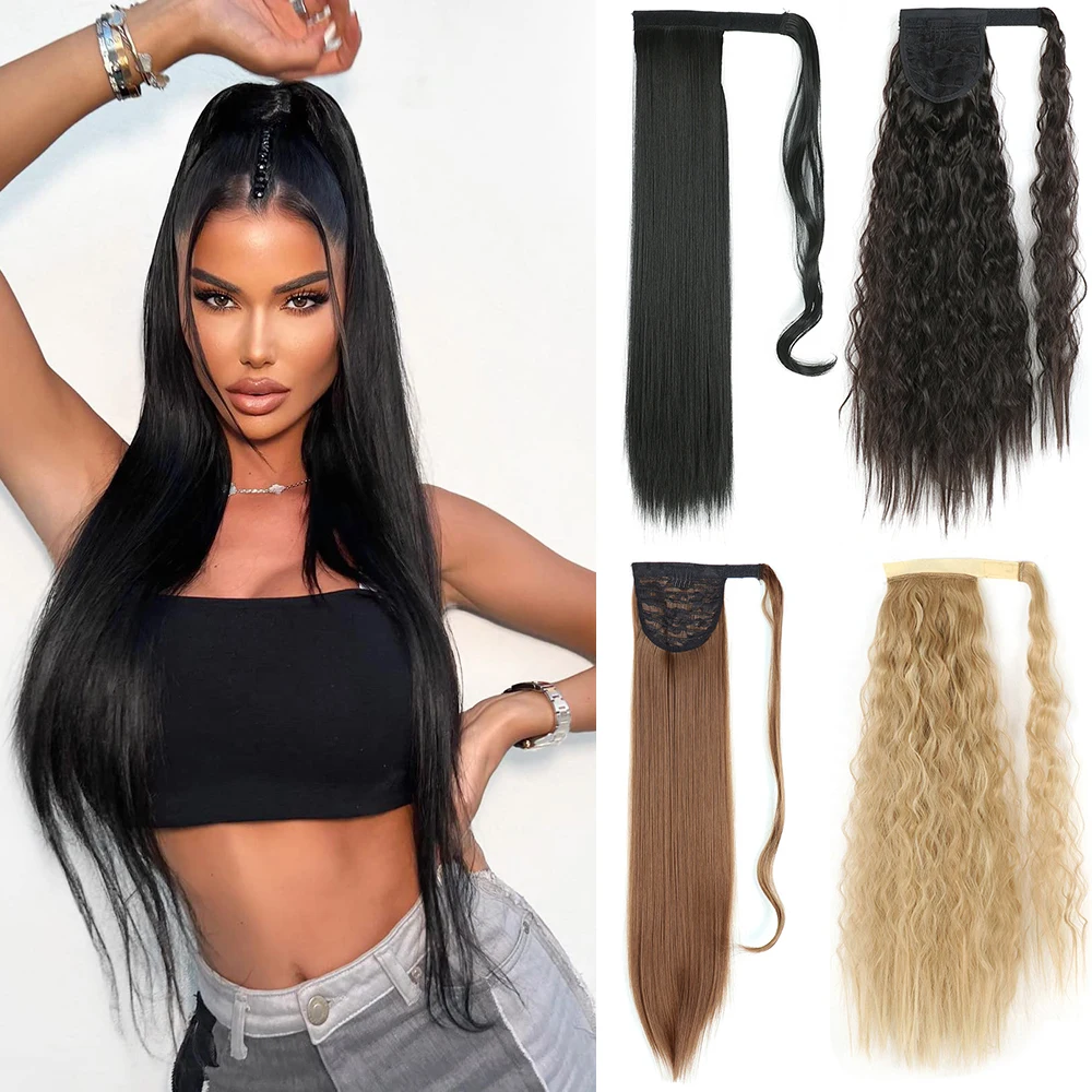 

Synthetic Ponytail Hair Extension Clip In Wrap Around PonyTail Black Blonde 85cm Long Straight PonyTail Fake Hair For Women