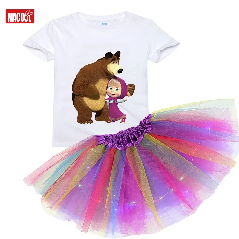 2024 Summer Girls Tutu Dress Set Birthday T Shirt Tutu Dress Girl Kids Dress Set Party Light Christmas Little Girl Costume