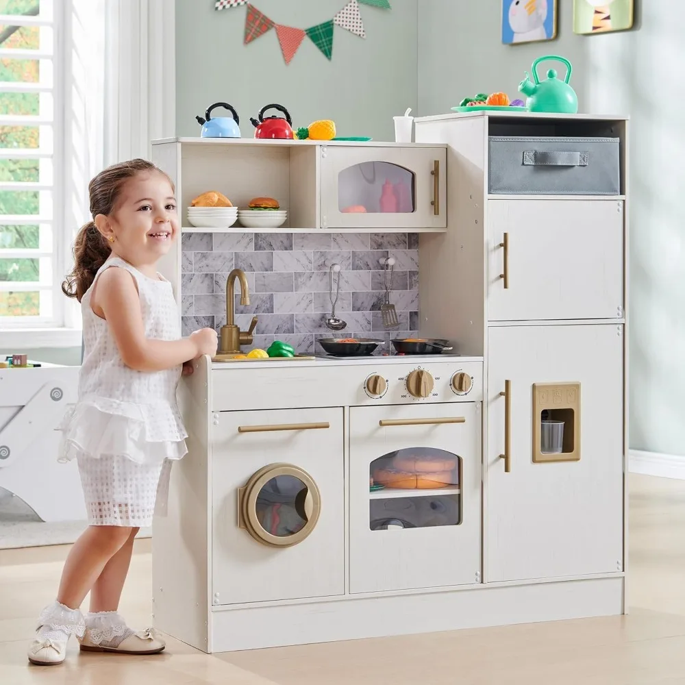 

Play Kitchen for Kids, Wooden Kids Kitchen Playset with Lights and Sounds, Kitchen Set for Toddler with Storage Box, Ice Maker