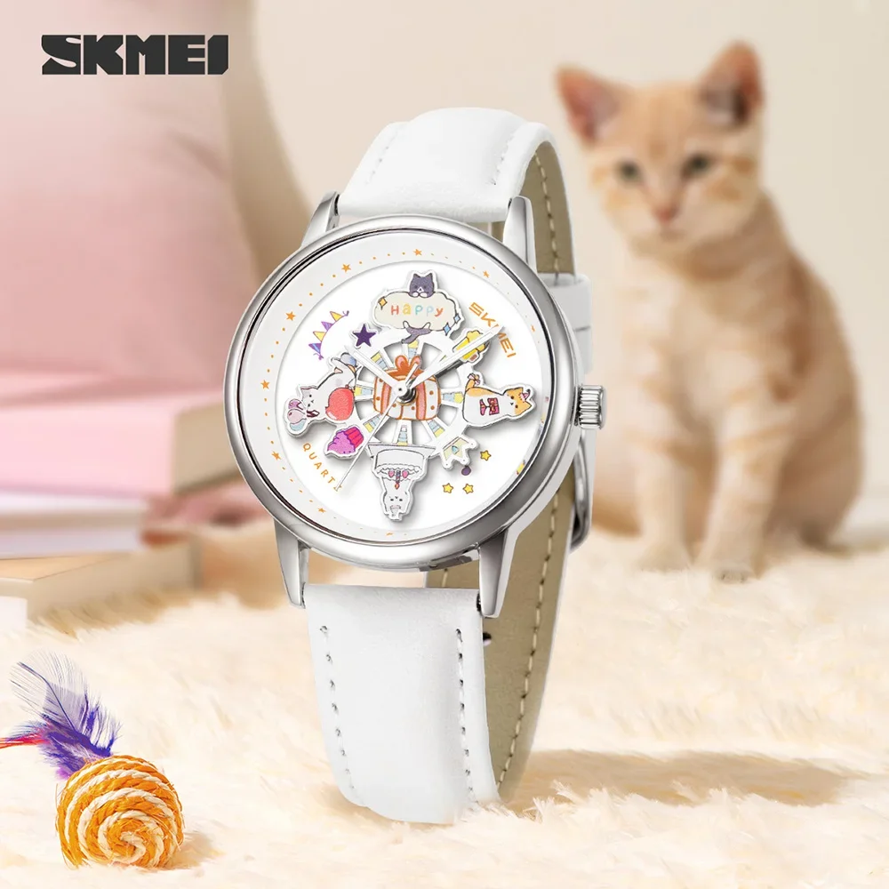 Skmei 360 Degree Rotating Dial Quartz Watch for Women Fashion Cute Cartoon Cat 3Atm Waterproof Ladies Wristwatch