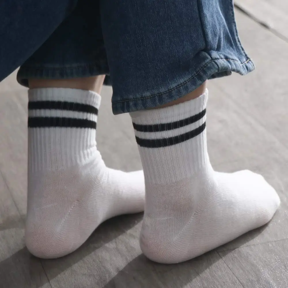 Warm Japanese Unisex Striped Two Bar Fashion Casual Hosiery Female Socks Middle Tube Hosiery Korean Style Socks