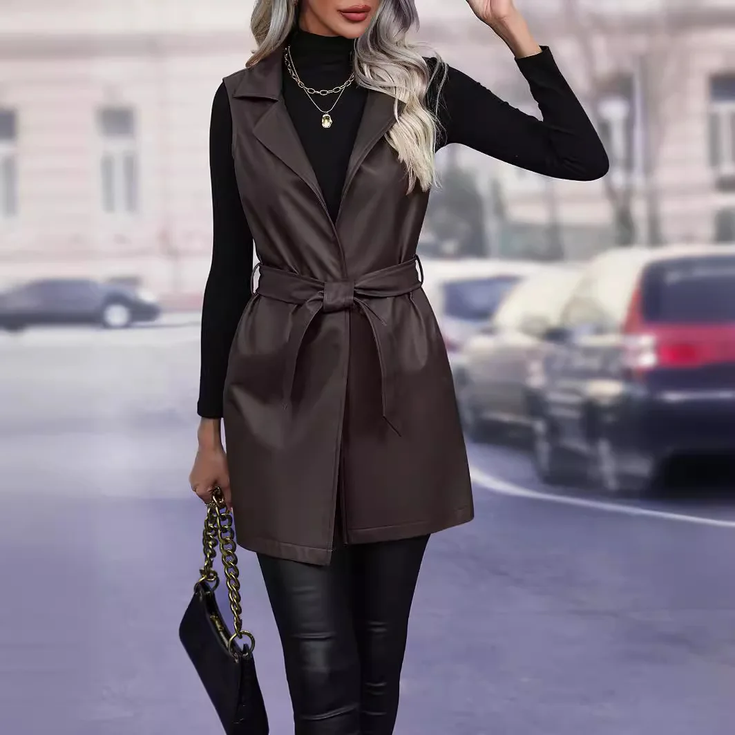 2025PU Leather Cardigan Strap Vest Jacket Top Women