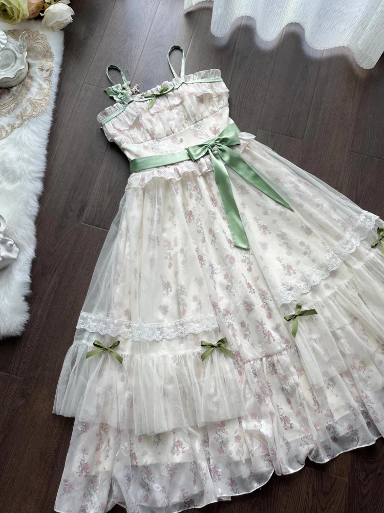 

Design Sweet Summer Sling Dress 2-piece Set Women Fashion France Bow Lace Print Fairy Dresses Elegant Chic New Sunscreen Shirt