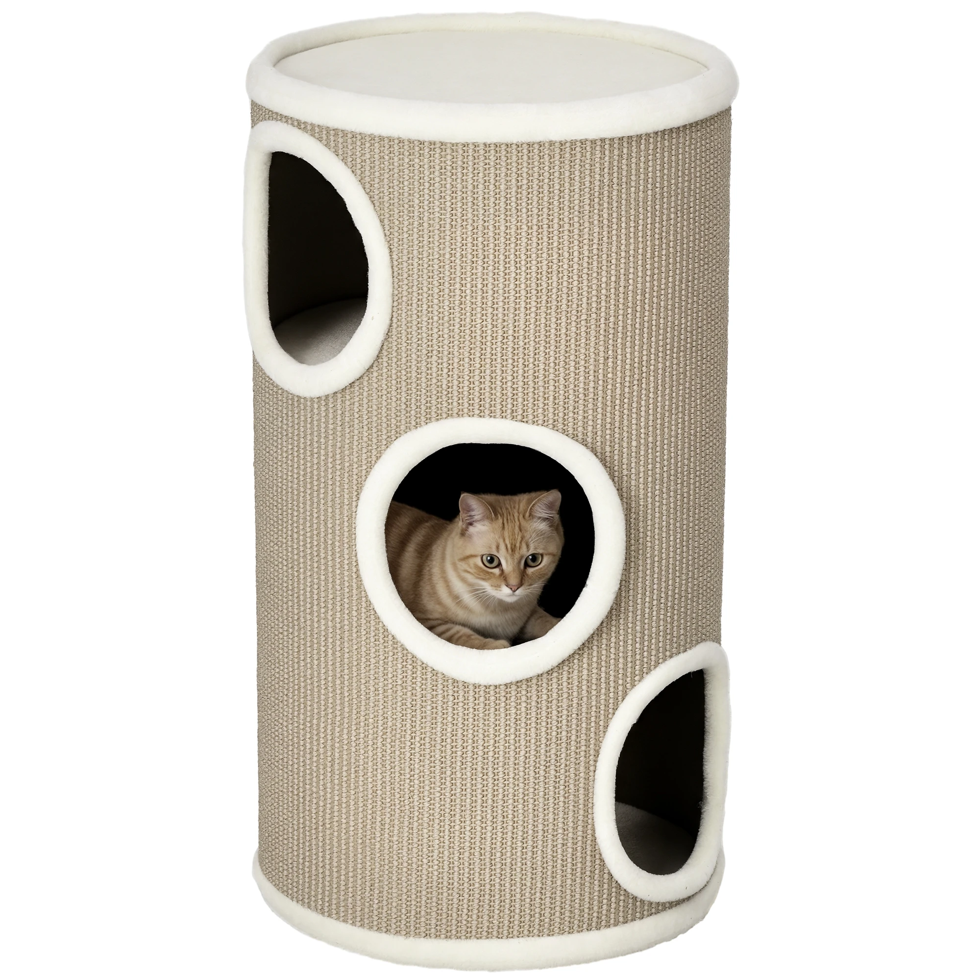 PawHut Tonneau da Grattare per Gatti, Torre da Grattare in Sisal a 3 Livelli Rivestita in Peluche, Ø 38 x 70 cm, Marrone
