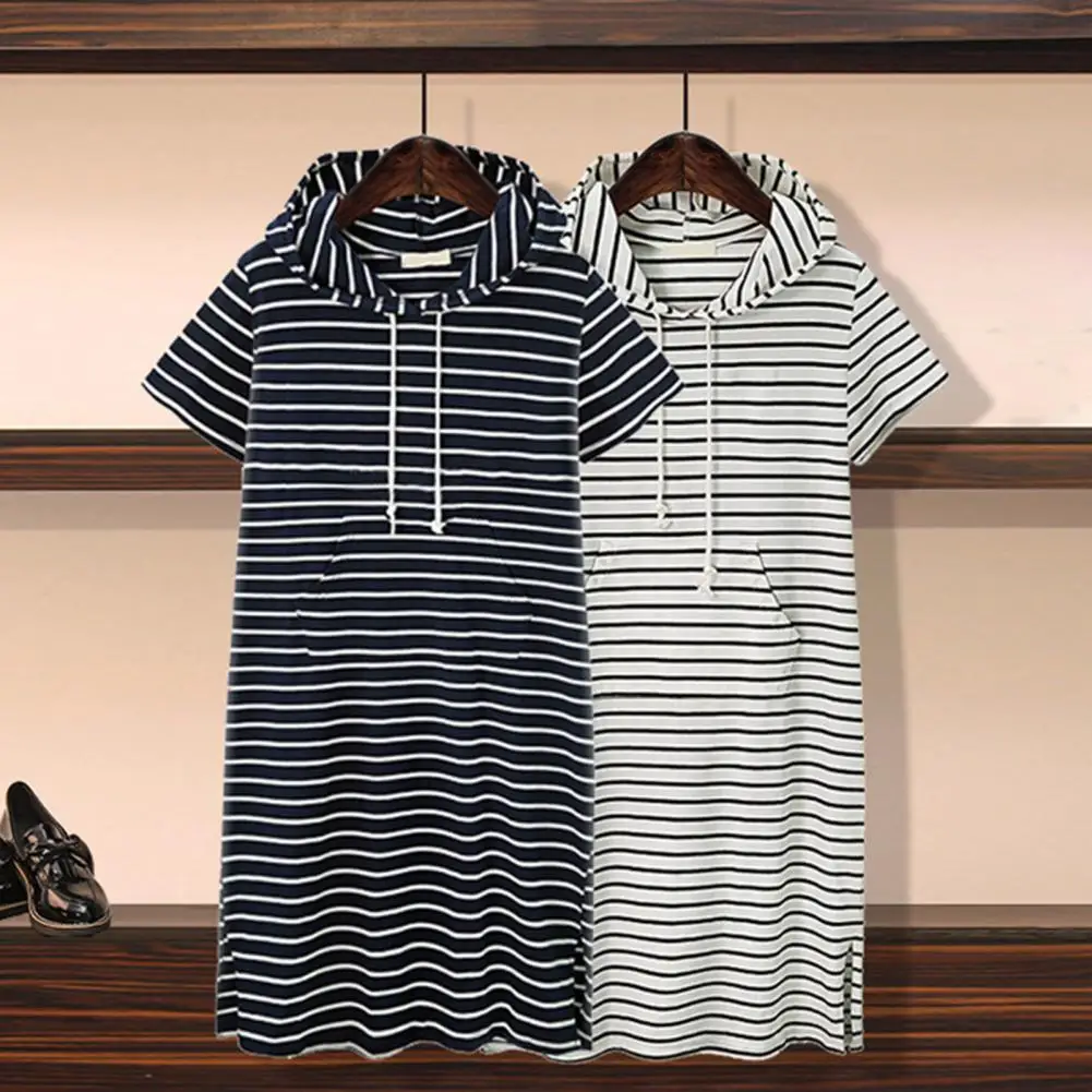 XL-5XL Women Dress Hooded Drawstring Sports Style Short Sleeves Striped Plus Size Loose Fit Summer Casual Dress vestido feminino