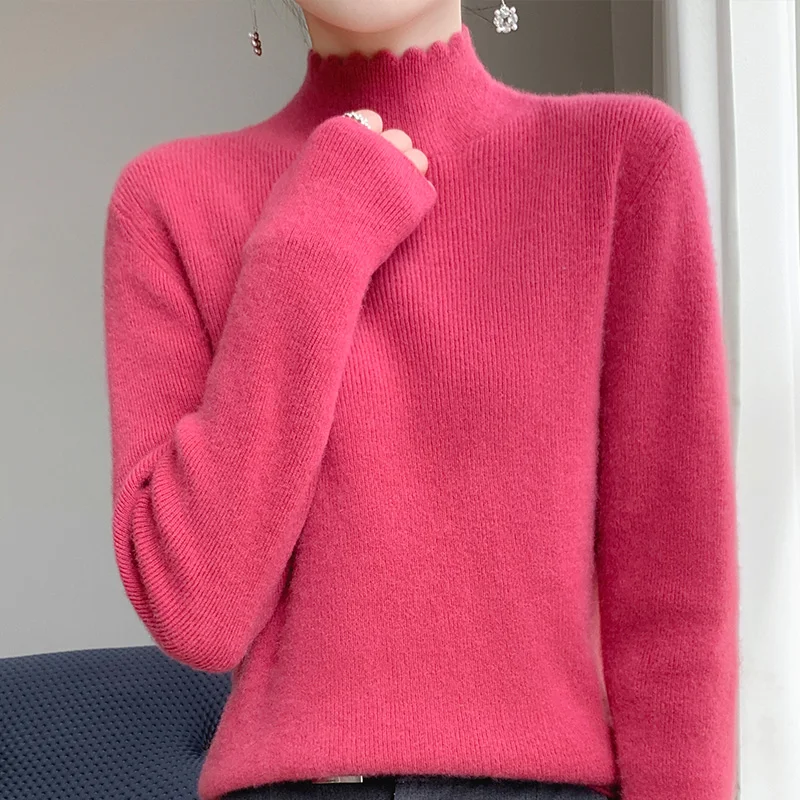 2023 Autumn Winter New Cashmere Sweater Women Mock Neck  Knitted Sweaters Loose  Fashion Cashmere Sweater