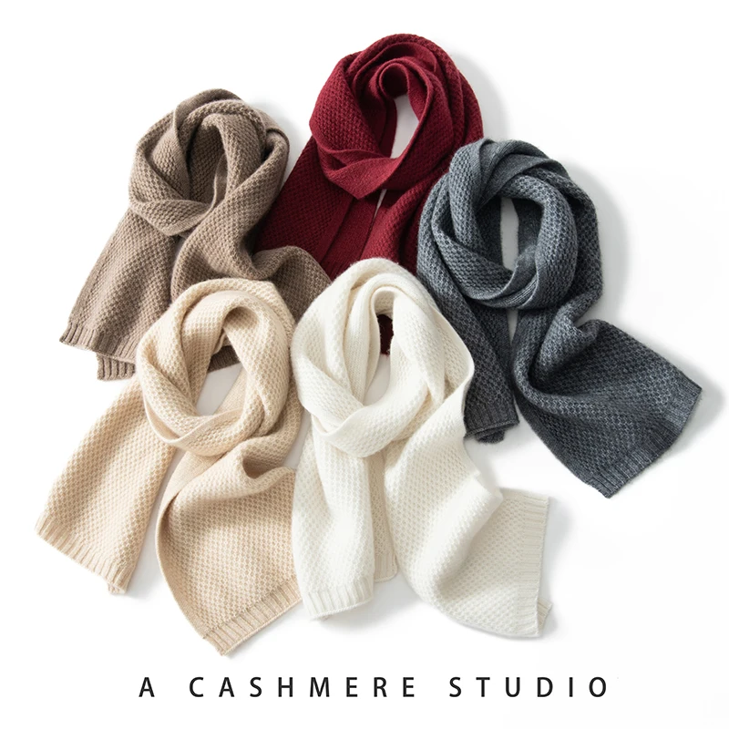 100% Cashmere Solid Color Thickened Knitted Scarf Mid-Length Winter Fashionable Warm Scarf for Women Men Couple Festival Gift