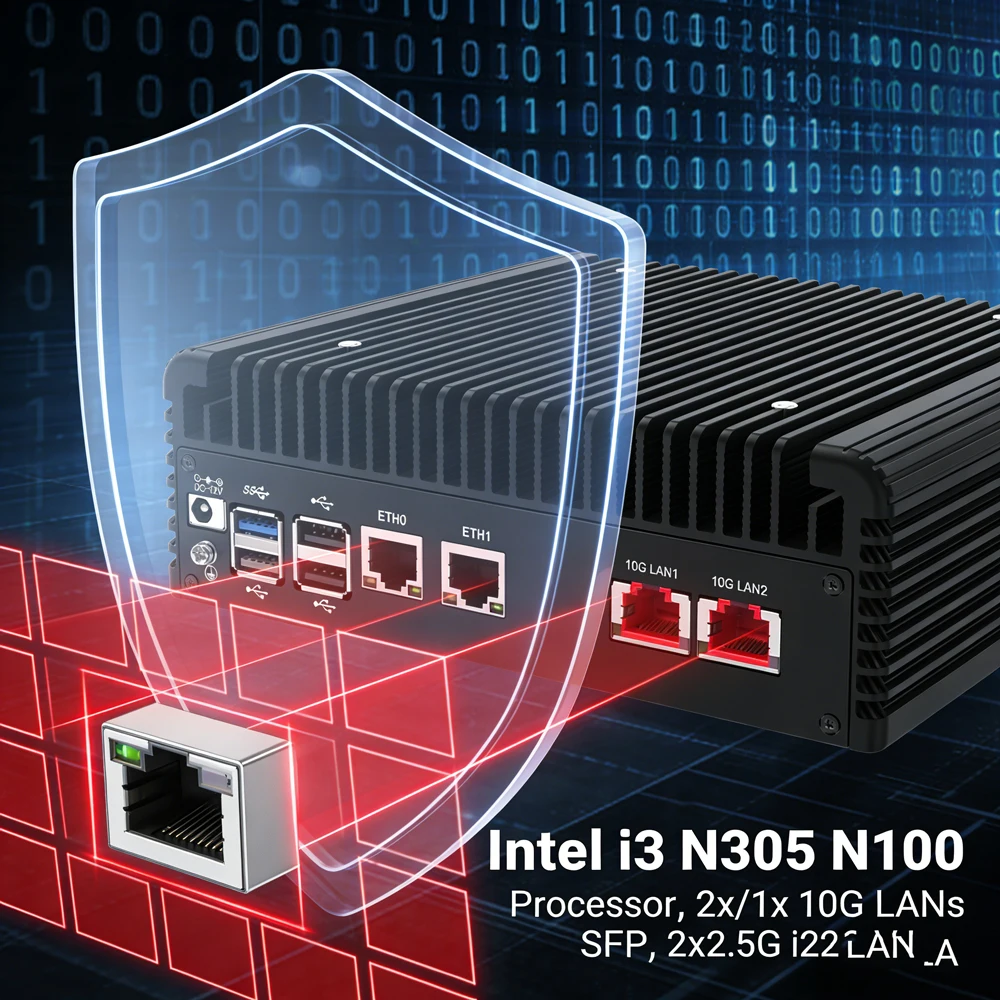 

Intel i3 N305 N100 Cyber Security Firewall for Home & Business, 2x/1x 10G LANs SFP+ 2x2.5G i226-V Network VPN Server and Client