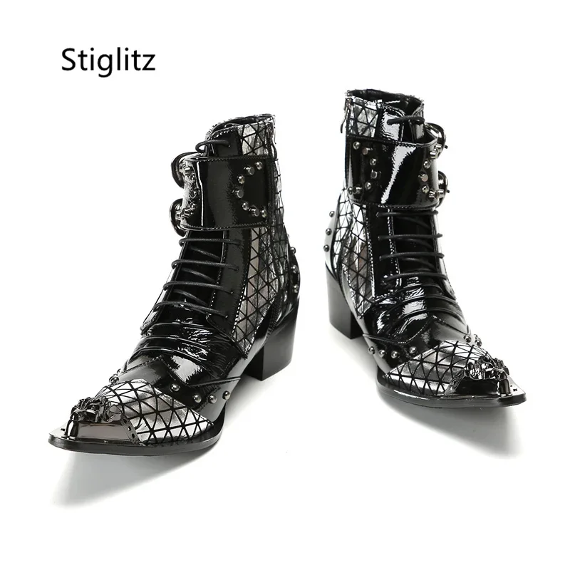 Mixed Colors Double Buckle Ankle Boots for Men Metal Pointed Toe Rivet High Heels Men's Boots Lace Up Patent Leather Men' Shoes