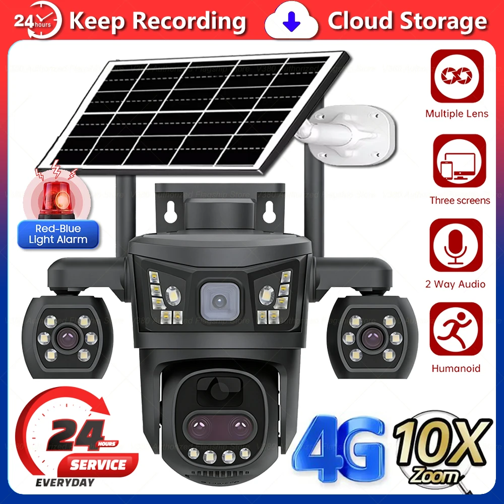 

4 Lens 4G Solar Cameras Smart Home Security Protection CCTV Camera PIR Human Detection Alert 10X Zoom IP Surveillance Monitoring