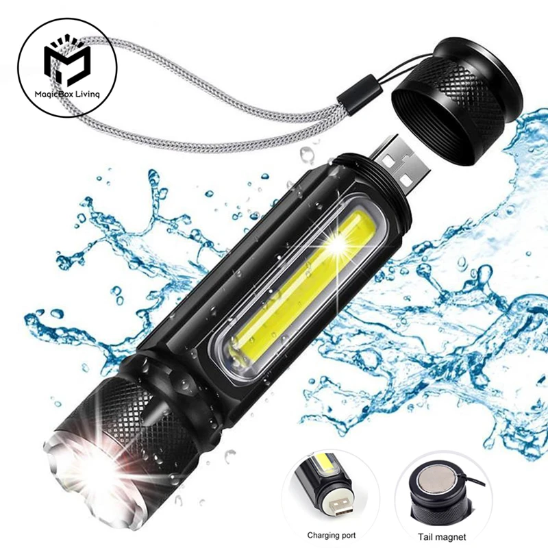 T6 Strong Light LED Usb Rechargeable Flashlight Magnetic Torch Lanter Zoomable Flashlight COB Zoom Highlight Outdoor Lighting