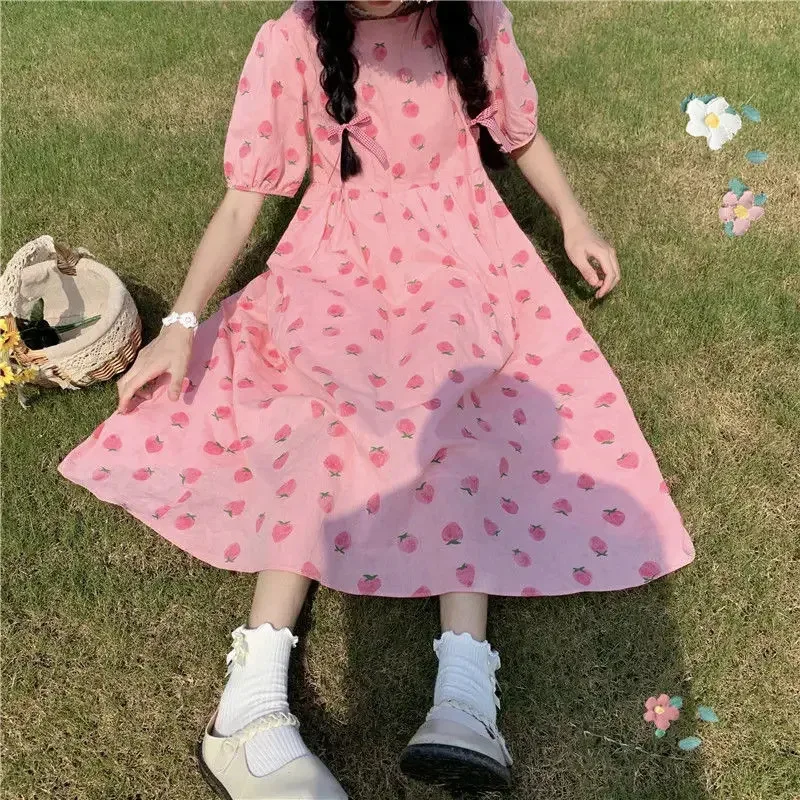 Hstar Kawaii Strawberry Dress Summer Pink Sweet Cute Puff Sleeve Maxi Dresses For Women Lovely Girl Vintage Holiday Sundres NM33 view 3