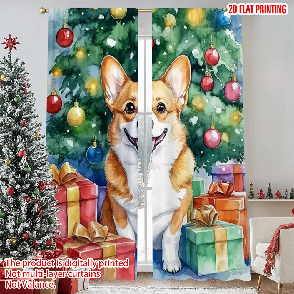 

2pcs 2D flat printing Christmas Curtains Christmas cute dog Durable 100% Polyester Fabric Without Electricity Versatile Use for