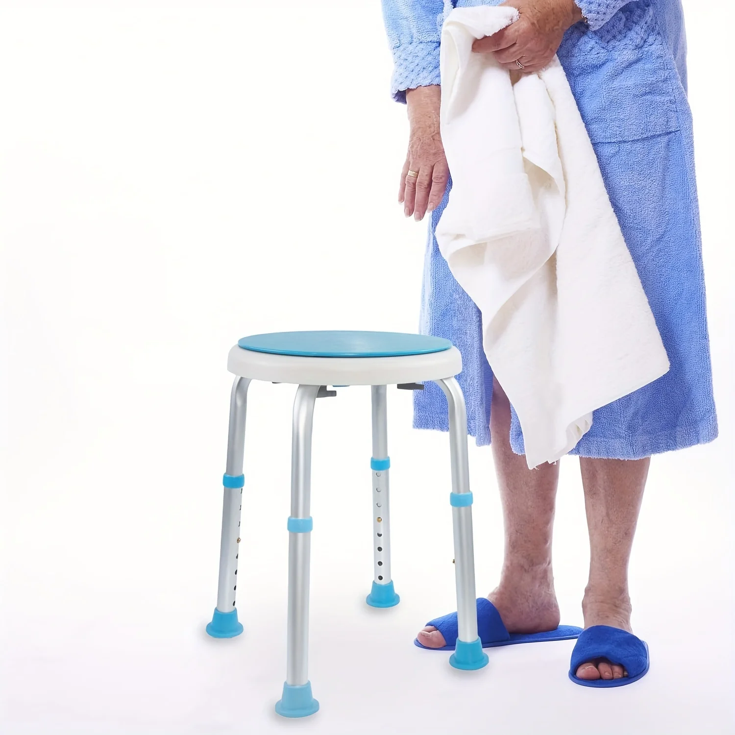 360-Degree Rotating Shower Stool: Adjustable, Non-Slip Rubber Tips, Durable Aluminum Construction For Safe Bathing