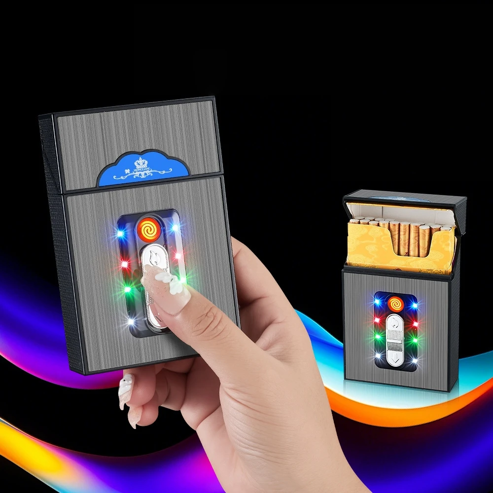 New 20 Pack Integrated Cigarette Box Windproof Tungsten Wire Ignition LED Light USB Color Light Charging Cigarette Box Lighter