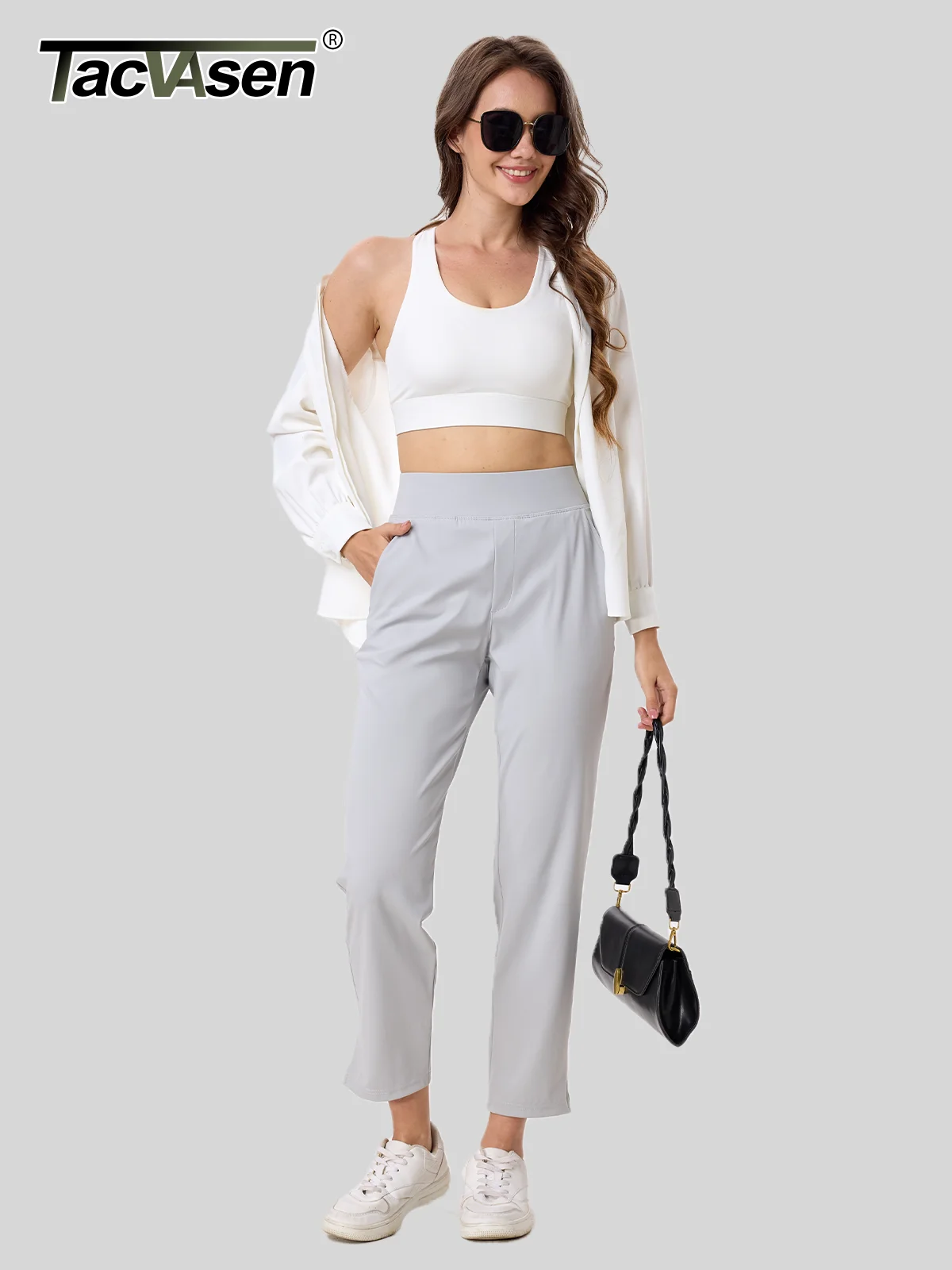 TACVASEN UPF 50+ جولف السراويل النسائية خفيفة الوزن سريعة الجافة تمتد السراويل عالية الخصر العمل سراويل تقليدية 5 جيوب