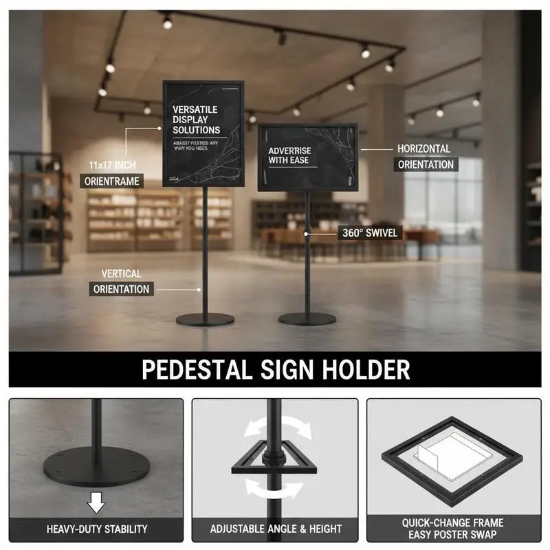 Floor Standing Poster Display 11 x 17 Inch For Retail Shop Restaurant Cinema, Adjustable View Orientation Heavy-Duty Metal Ba