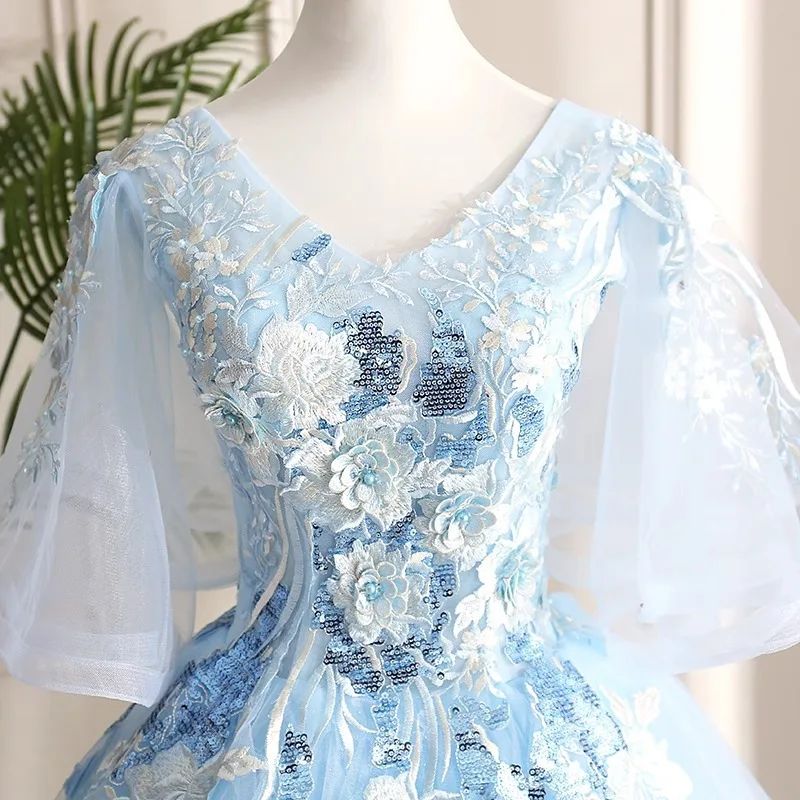 Customized Blue Ball Gown Women Evening Dresses Tulle Appliques Prom Birthday Party Gowns Formal Vestido De Noche