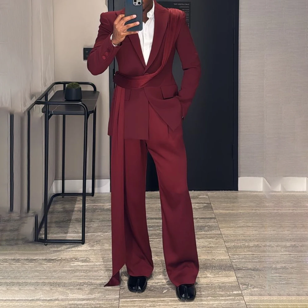 

Fashion Red Suits For Mens Decorative Belt Business Blazer Wedding Groom Tuxedo Banquet Party Blazer 2 Piece Set Costume Homme