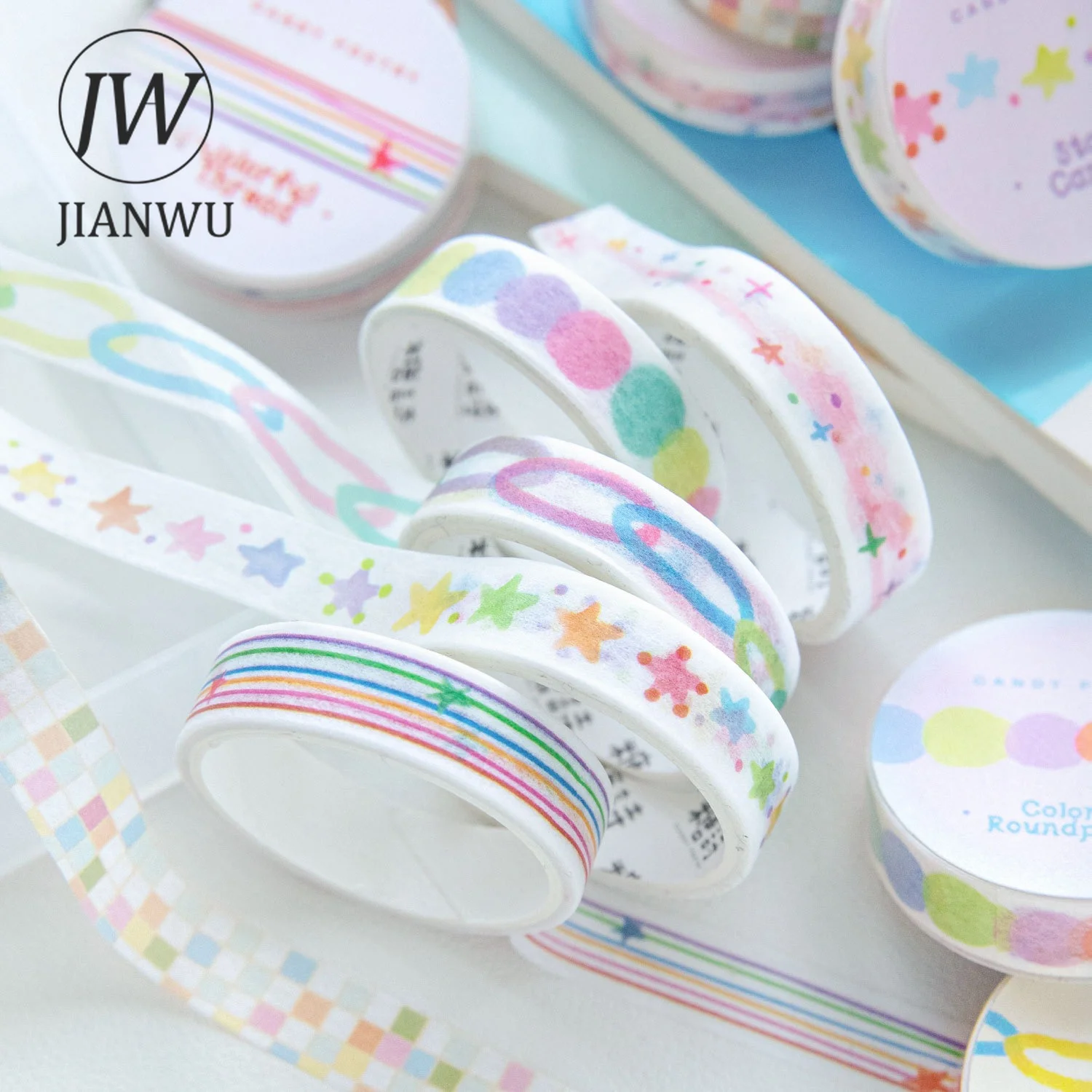 JIANWU Ruban Washi 10mm*200cm à pois colorés et lignes étoilées, pour scrapbooking, collage, matériel de papeterie créative DIY pour journal