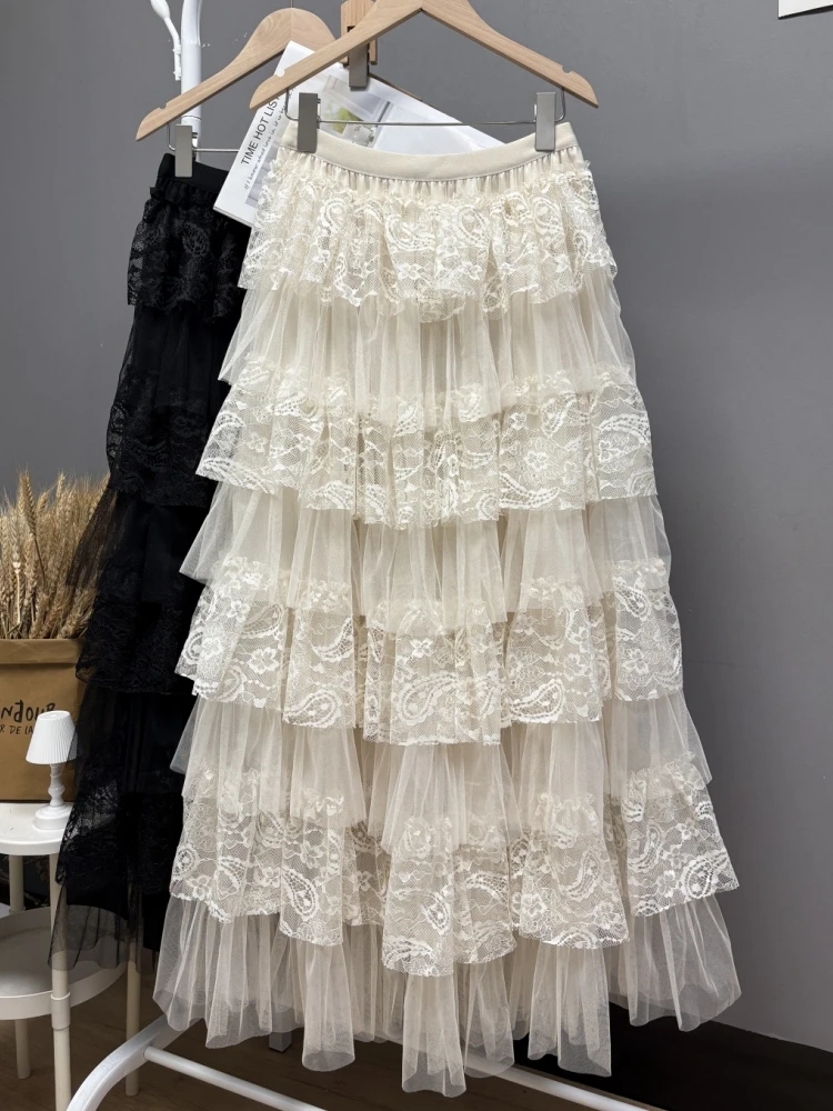 Maxi Long Skirt Women Crochet Lace Skirt 2025 Goth Lolita Spring Summer High Waisted High Low Ruched Ruffle Pleated Skirts rok