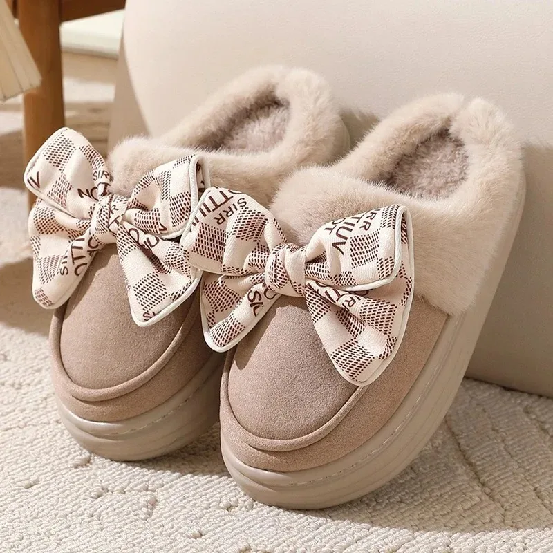 Women's Warm Home Slippers Cute Autumn Winter Bow Thick Plush Non-Slip Leisure Shoes Soft Bedroom Platform Flat Slides