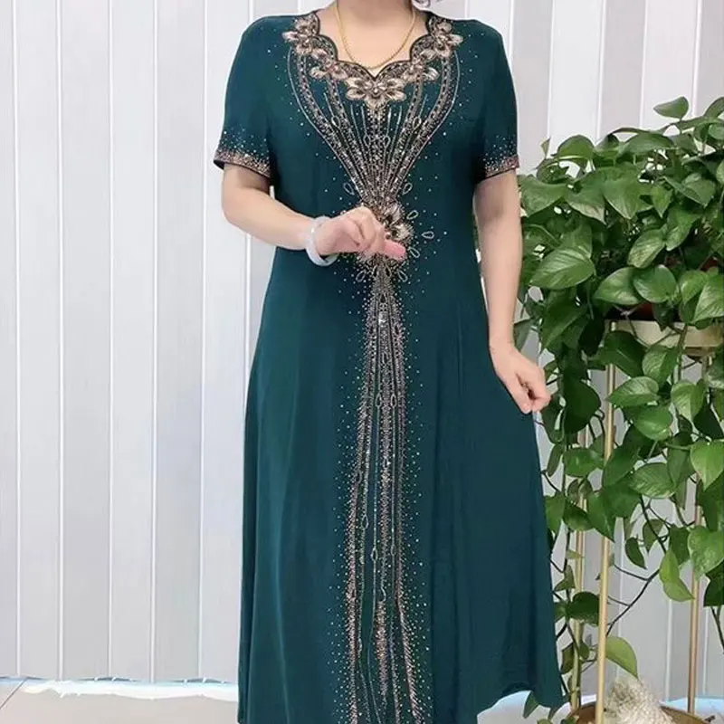 Elegant V-Neck Embroidery Dresses Vintage A-Line Waist Female Clothing Fashion Diamonds Summer Casual Short Sleeve Long Dress