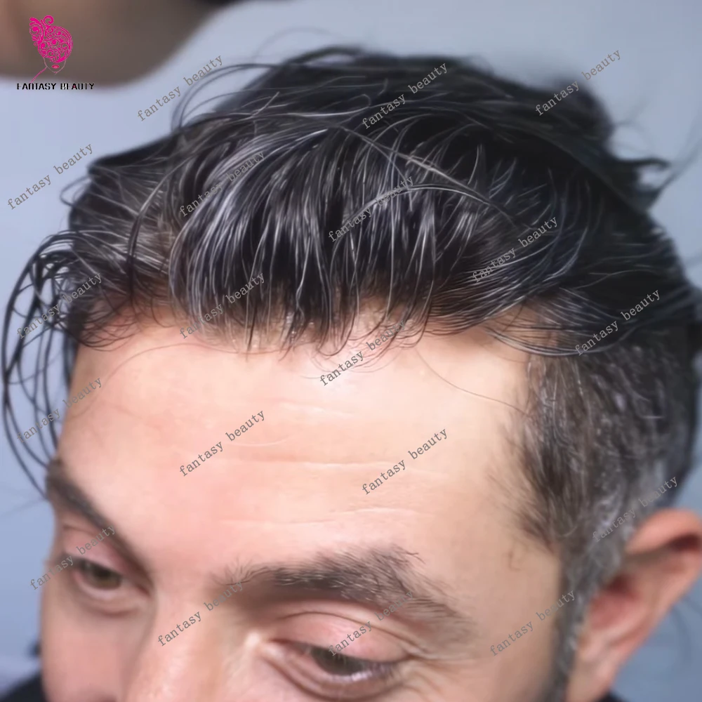 Male Hair Capillary Prosthesis Full Pu Skin 0.1mm Toupee Nautral Hairline Men Wig Human Hair Wig Undetectable Replacement System