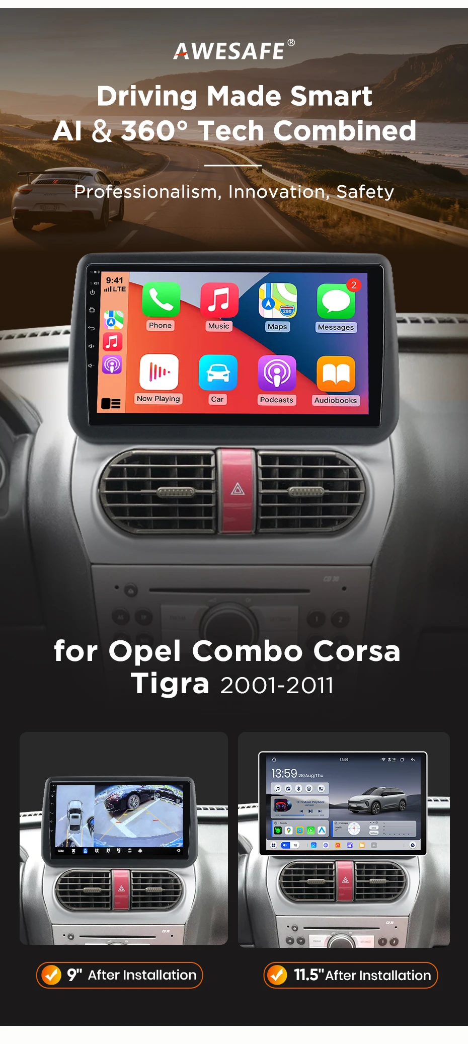 AWESAFE 9-Zoll-Android-Radio für Opel Combo Corsa Tigra 2001-2011, kabelloses CarPlay & Android Auto, GPS-Navigation, Multimedia, Unterstützung für Lenkradsteuerung, Subwoofer, Verstärker, Rückfahrkamera, mit CAN-BUS Plug-and-Play, DAB+ Digital-Autoradio, 2-DIN-Autoradio-Stereoanlage – Detail 4