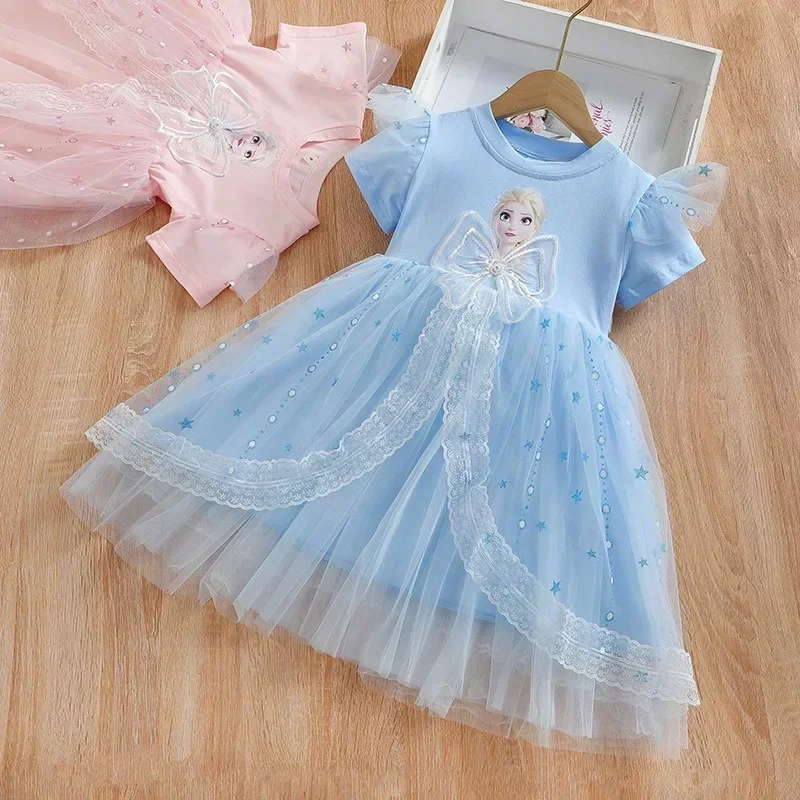 

New Disney Girls Dress Short Sleeve Kids Clothes Summer Princess Dresses Frozen Elsa Party Baby Dresses for Children Clothing