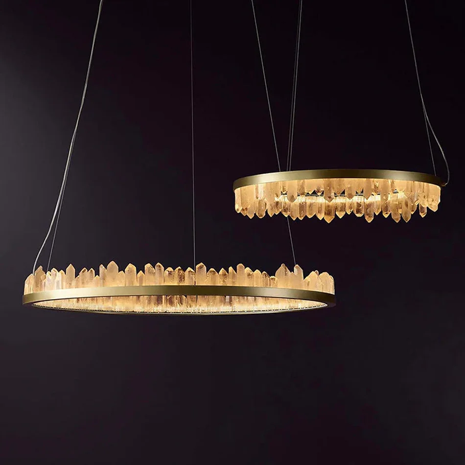 Luxury Round Crystal Chandelier with Raw Quartz Points LED Adjustable Height Warm White for High-End Homes Commercial Spaces