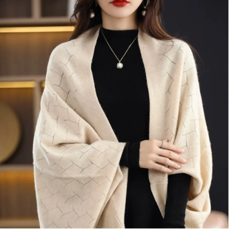 Outono inverno feminino solto malha camere oulder envoltório outerwear capuz ne longo sve doce sle fibra de poliéster