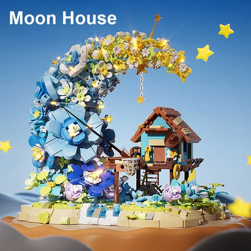 Moc conto de fadas lua casa de madeira blocos de construção conjunto com luz árvore floresta noite cabana brinquedos para crianças aniversário presentes especiais